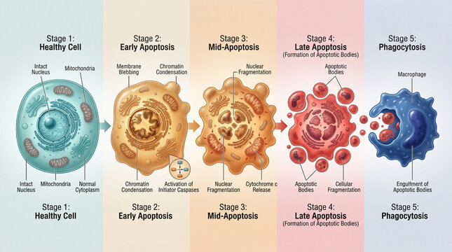 Understanding the stages of apoptosis from healthy cell to phagocytosis in human cells