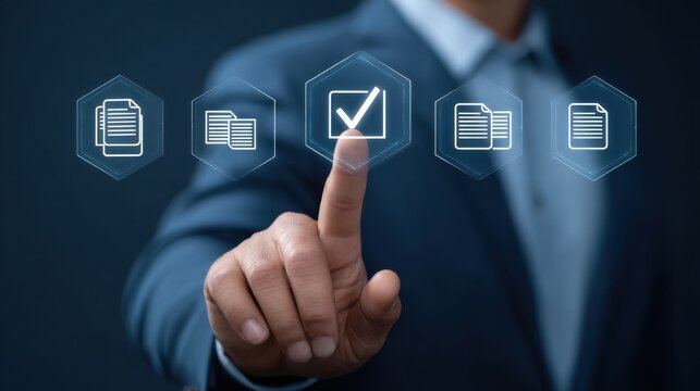 Businessman Interacting with Virtual Check and Document Icons in Modern Touchscreen Environment