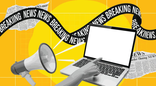 Breaking news concept with megaphone, laptop, and newspaper clippings on yellow background