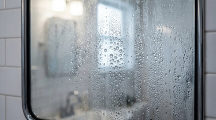 Naklejka premium Steam covers a bathroom mirror after a hot shower in a modern home setting during the morning