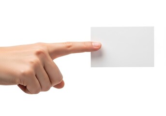 Obraz premium A person pointing at a blank white card against a white background.