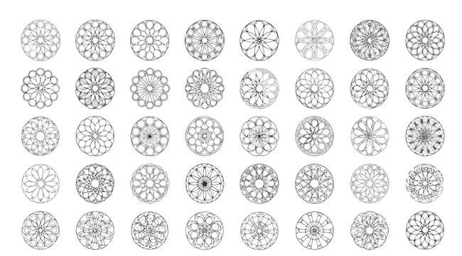 Set of circular geometric mandala patterns line art icons collection of various ornate rose window and decorative circular designs