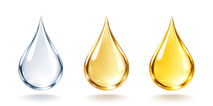 Realistic cosmetic liquid drops set. Transparent water serum and golden oil drops. Skincare product. Vector illustration