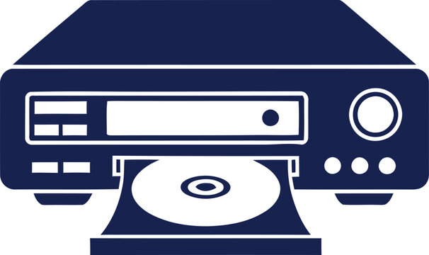 Blue icon of aDVD player with a disc tray open and aCD visible 