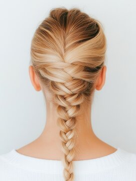 Woman's back view, highlighting a beautifully styled French braid in blonde hair, showcasing expert cosmetology and elegant, healthy hair care for beauty and self regard
