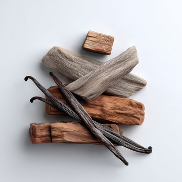 Vanilla bean driftwood wood block natural brown gray rustic aromatic organic isolated minimal composition evoke calmness
