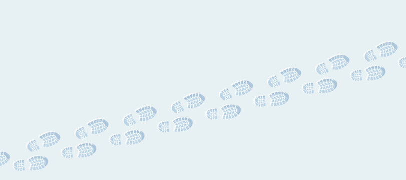 Vector illustration showing a trail of heavy boot footprints walking across a crisp, white snowy field, representing winter travel, cold weather hiking and a lonely outdoor journey