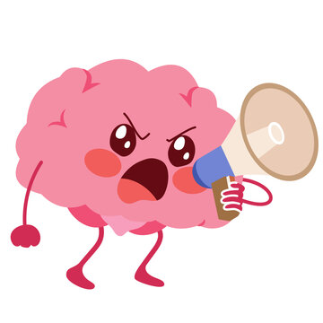 Cartoon vector illustration of a brain character using a megaphone to shout loudly. Ideal for themes of mental health advocacy, strong communication, social protest, emotional outbursts and public spe