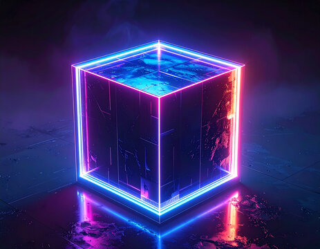 An impossible neon cube with glowing inner core shines brightly in a dark environment.