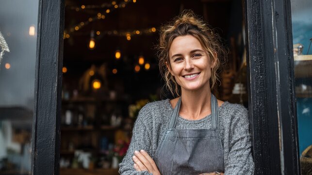 Portrait of a happy owner standing at the door of cefe shop, a cheerful adult waiter waiting for customers at a coffee shop, successful small business owner, professional, service