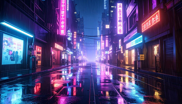 A futuristic cyberpunk street scene unfolds in a rainy alleyway with neon lights reflecting off wet surfaces.