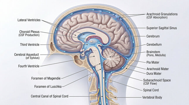 Detailed diagram showing human brain anatomy with labels for ventricles and fluid pathways from different angles