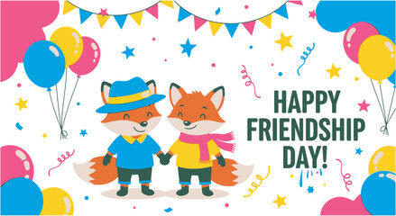 Fototapeta premium Friendship Day Cute cartoon foxes holding hands with balloons and bunting for Happy Friendship Day celebration vector banner illustration