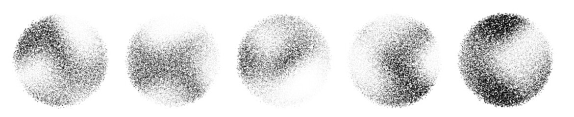 Naklejka na ściany i meble Abstract gradient spheres with grainy dot texture and radial halftone effect, vector illustrations isolated on white background. Graphic designs with noise pattern and circular spray brush diffusion.