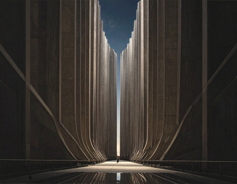 A futuristic illustration of a person standing at the base of towering parallel structures bending inward.