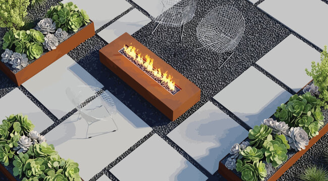 Modern patio design with fire pit and succulent planters