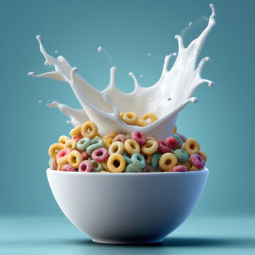 Colorful cereal milk splash white bowl breakfast vibrant blue background high fidelity morning dairy dynamic motion