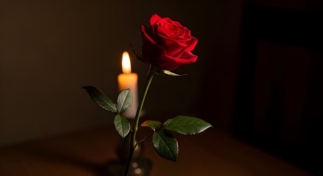 Rose lit by candle in dark room, warm glow, intimate romantic atmosphere, cinematic lighting, emotional storytelling background
