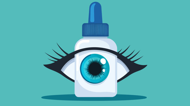 A medical illustration of an eye with long lashes in front of an eye drop bottle