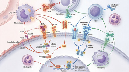 Fototapeta premium Study of immune response involving macrophages, T-cells, and cytokines in human biology