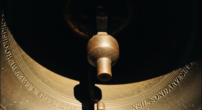 Close-up of an antique bell clapper and inscription.