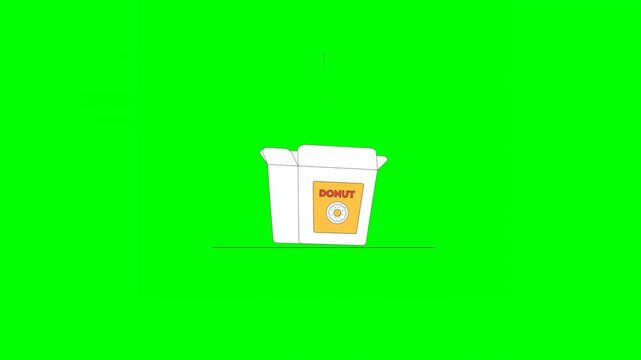 2D Illustrated Delivery Box Labeled With Donut Being Filled up With Donuts and Closed in Assembly Line for Transportation on Green Background