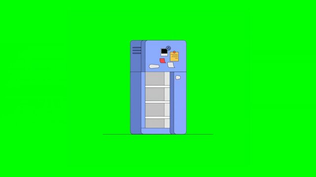 2D Animated Empty Refrigerator With Photos and Notes Attached With Fridge Magnet Opening Door on Green Background