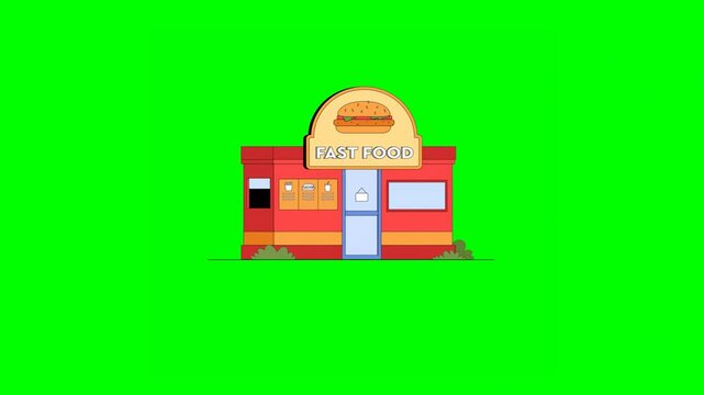 2D Illustrated Red Fast Food Venue Building Popping up With Burger Signage on Green Background