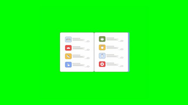 2D Animation of Fast Food Menu Book Unfolding Highlighting Various Options for Quick Dining on Green Background