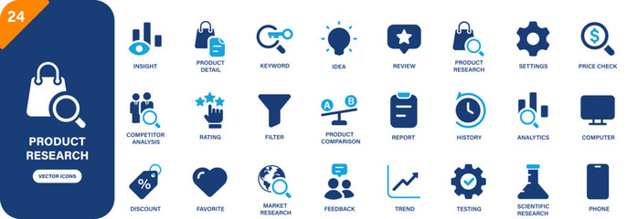 Obraz na płótnie Canvas Product research icon collection featuring competitor analysis, product comparison, product detail, price check and market research symbols. Solid vector icons.