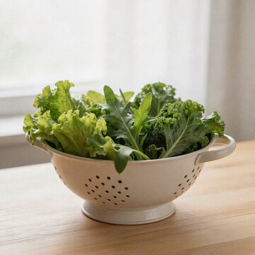 A variety of fresh leafy greens including kale and arugula are washed and presented in a white ceramic colander on a wooden table.