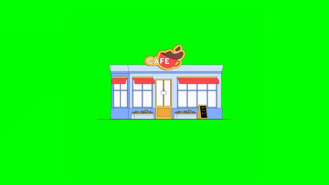 2D Animated Illustrated Blue Cafe Building With Decorated Windows Floral Beds and Menu Board at Front on Green Background