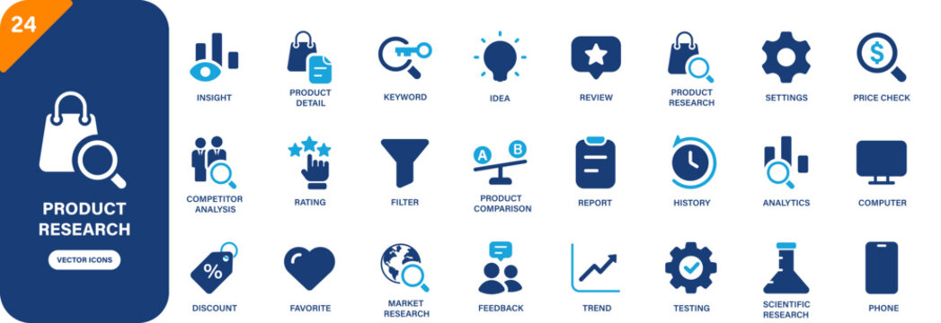 Product research icon collection featuring competitor analysis, product comparison, product detail, price check and market research symbols. Solid vector icons.