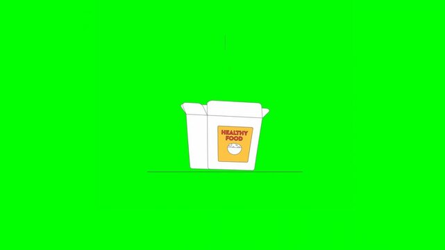 2D Animated Delivery Box Labeled With Healthy Food Being Filled up With Fresh Vegetables and Closed in Assembly Line for Transportation on Green Background