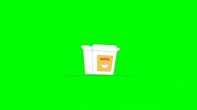 2D Animated Illustrated Delivery Box Labeled With Pasta Being Filled up With Cooked Pasta Bowl and Closed in Assembly Line for Transportation on Green Background