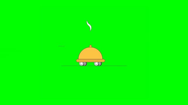 2D Animated Yellow Serving Tray With Lid Rolling Smoothly on Wheels Across on Green Background