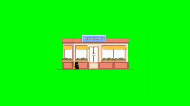 2D Animated Illustrated Pink Restaurant Building With Decorated Windows Floral Beds and Menu Board at Front on Green Background