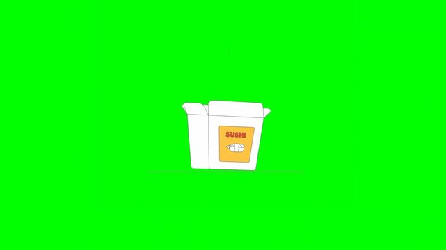 2D Illustrated Delivery Box Labeled With Sushi Being Filled up With Sushi and Closed in Assembly Line for Transportation on Green Background
