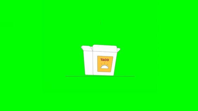 2D Animated Delivery Box Labeled With Taco Being Filled up With Taco and Closed in Assembly Line for Transportation on Green Background