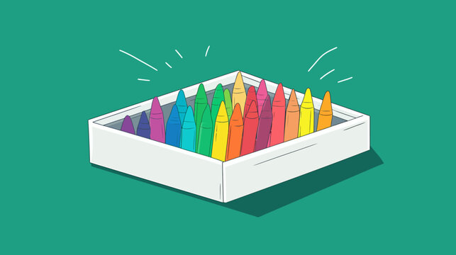 Colorful crayons arranged inside a white box against a green background, with stylized radiating lines