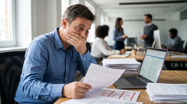 Employee Realizing a Wrong Answer on a Document or Report, Office Desk Setup, Laptop and Papers Visible, Candid Expression, Professional Environment