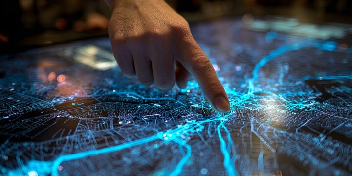A hand pointing to a large, interactive digital map display, data points and routes highlighted in neon blue, logistics and navigation interface.