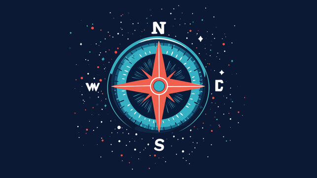 A compass graphic showing North, South, East, and West in white with a teal and red star pattern