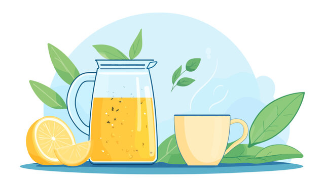 A refreshing, illustrative depiction of tea, lemon slices, a pitcher, and foliage against a soft blue backdrop