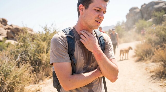 Prickly Heat Discomfort During Hot Weather Highlighting Sweat Irritation and Realistic Outdoor Lifestyle in Bright Sunlight Environment