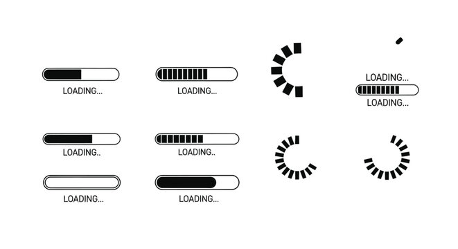 Vector illustration of loading bar and spinner icons set, progress bar symbols