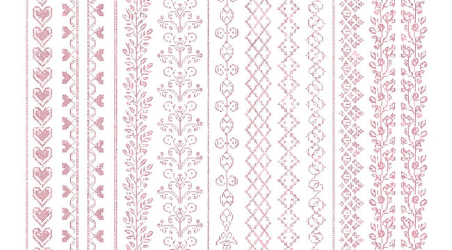 Set of decorative embroidery stitch borders and patterns in pink