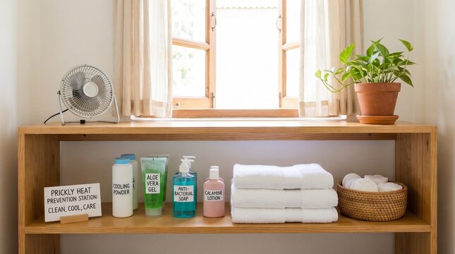 Prickly Heat Prevention Setup With Hygiene Products Highlighting Cleanliness Airflow and Proactive Skin Care in Warm Climate Conditions