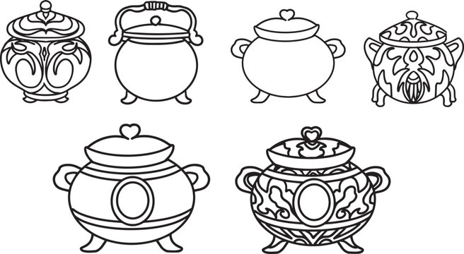 Magic item Set Hand-drawn witch cauldron line art ornamental design contour drawing Minimal 2D icon Halloween clipart graphics fantasy design witchcraft doodle container bowl outline coloring book