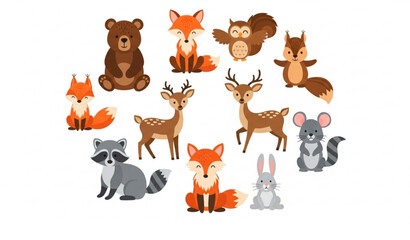 Fototapeta premium Cute forest animal collection with bear fox raccoon deer and owl vector